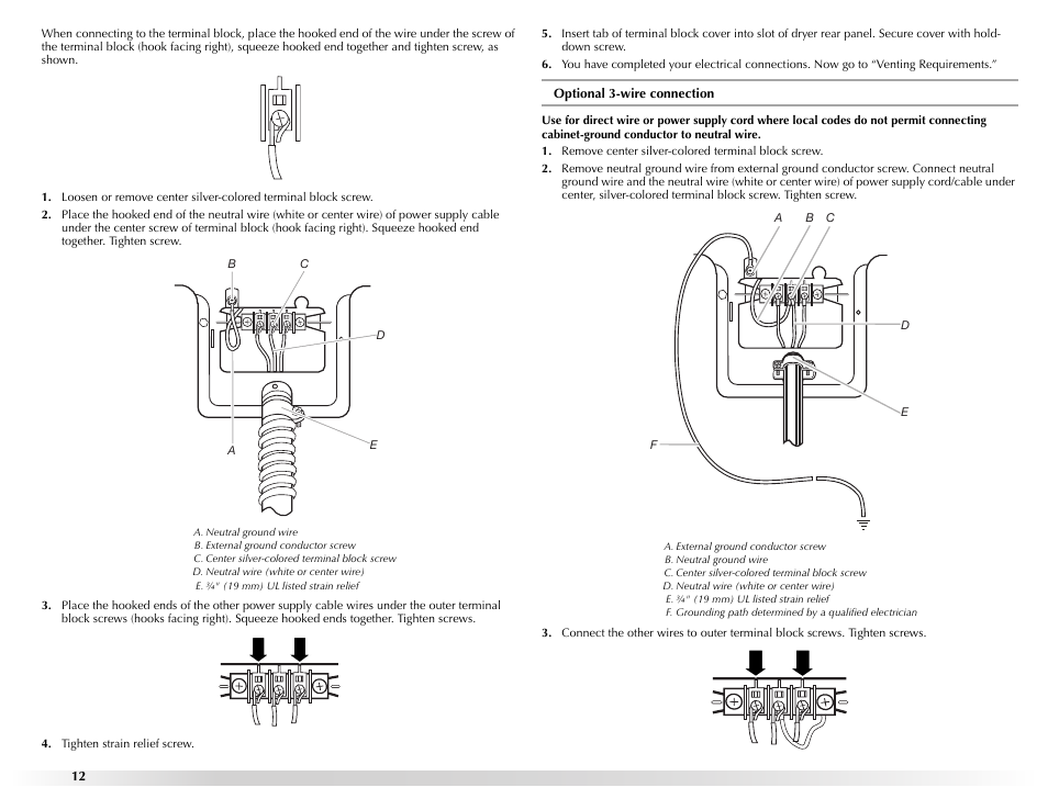 Tighten strain relief screw, Remove center silver-colored terminal block screw | Maytag W10131619A User Manual | Page 12 / 24