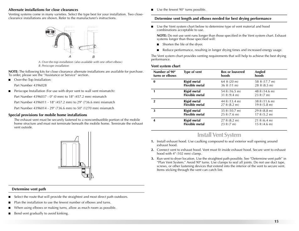 Alternate installations for close clearances, Over-the-top installation, Special provisions for mobile home installations | Bend vent gradually to avoid kinking, Use the fewest 90° turns possible, Vent system chart, Number of 90º turns or elbows, Type of vent, Box or louvered hoods, Angled hoods | Maytag W10131619A User Manual | Page 15 / 24