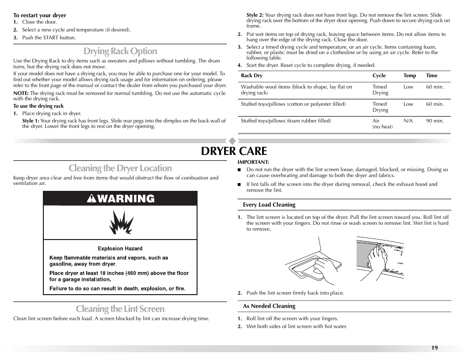 To restart your dryer, Close the door, Select a new cycle and temperature (if desired) | Push the start button, Drying rack option, To use the drying rack, Place drying rack in dryer, Rack dry, Cycle, Temp | Maytag W10131619A User Manual | Page 19 / 24