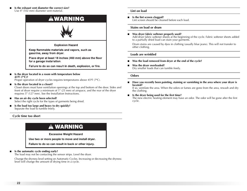 Warning | Maytag W10131619A User Manual | Page 22 / 24