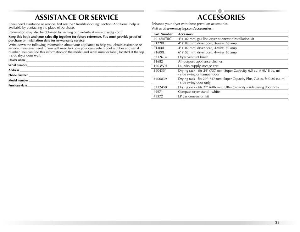 Assistance or service, Accessories, Enhance your dryer with these premium accessories | Visit us at www.maytag.com/accessories, Part number, Accessory, 48kitrc, Pt220l, 4" (102 mm) dryer cord, 3-wire, 30 amp, Pt400l | Maytag W10131619A User Manual | Page 23 / 24