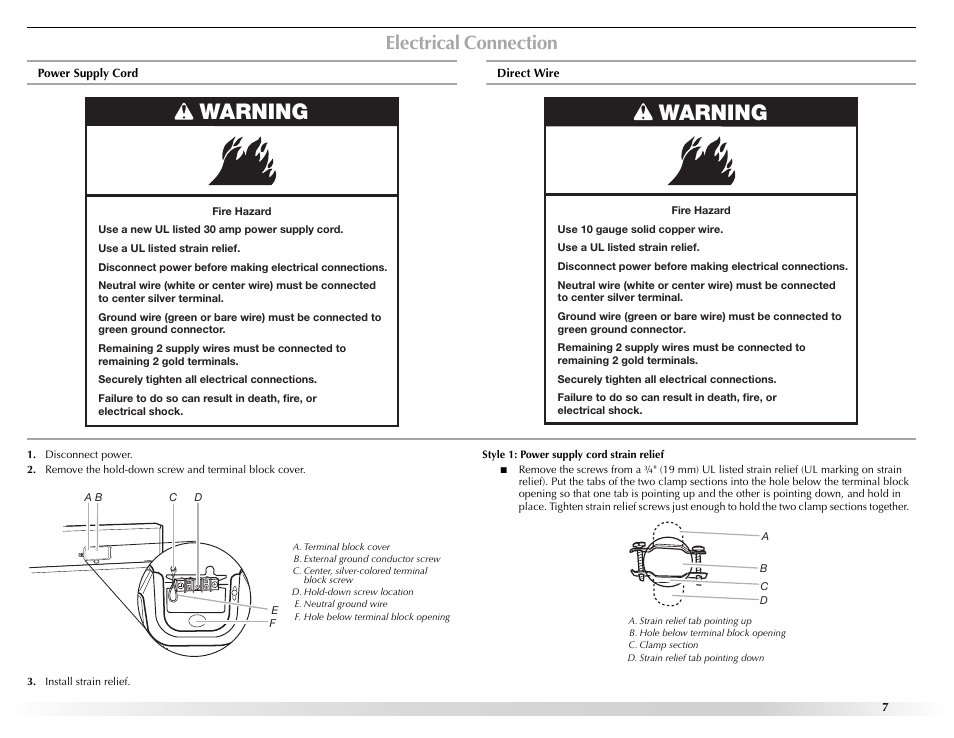 Electrical connection, Disconnect power, Install strain relief | Style 1: power supply cord strain relief, Warning | Maytag W10131619A User Manual | Page 7 / 24