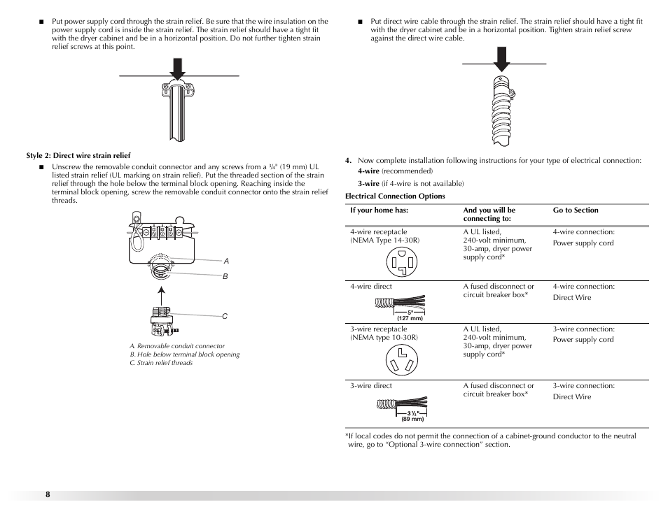 Style 2: direct wire strain relief, Electrical connection options, If your home has | And you will be connecting to, Go to section, Wire receptacle (nema type 14-30r), Wire connection, Power supply cord, Wire direct, A fused disconnect or circuit breaker box | Maytag W10131619A User Manual | Page 8 / 24