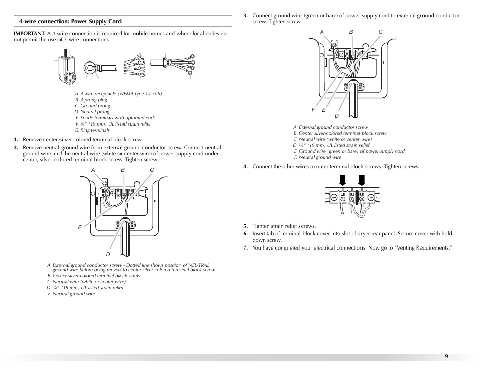 Remove center silver-colored terminal block screw, Tighten strain relief screws | Maytag W10131619A User Manual | Page 9 / 24