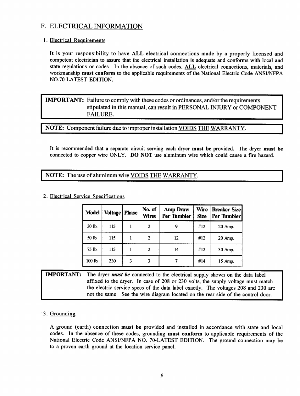 F. electrical information, Note: the use of aluminum wire voids the warranty | Maytag MC2 User Manual | Page 13 / 33