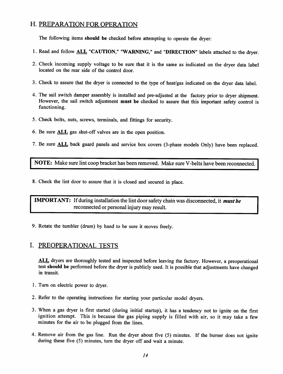 H. preparation for operation, L preoperational tests | Maytag MC2 User Manual | Page 18 / 33