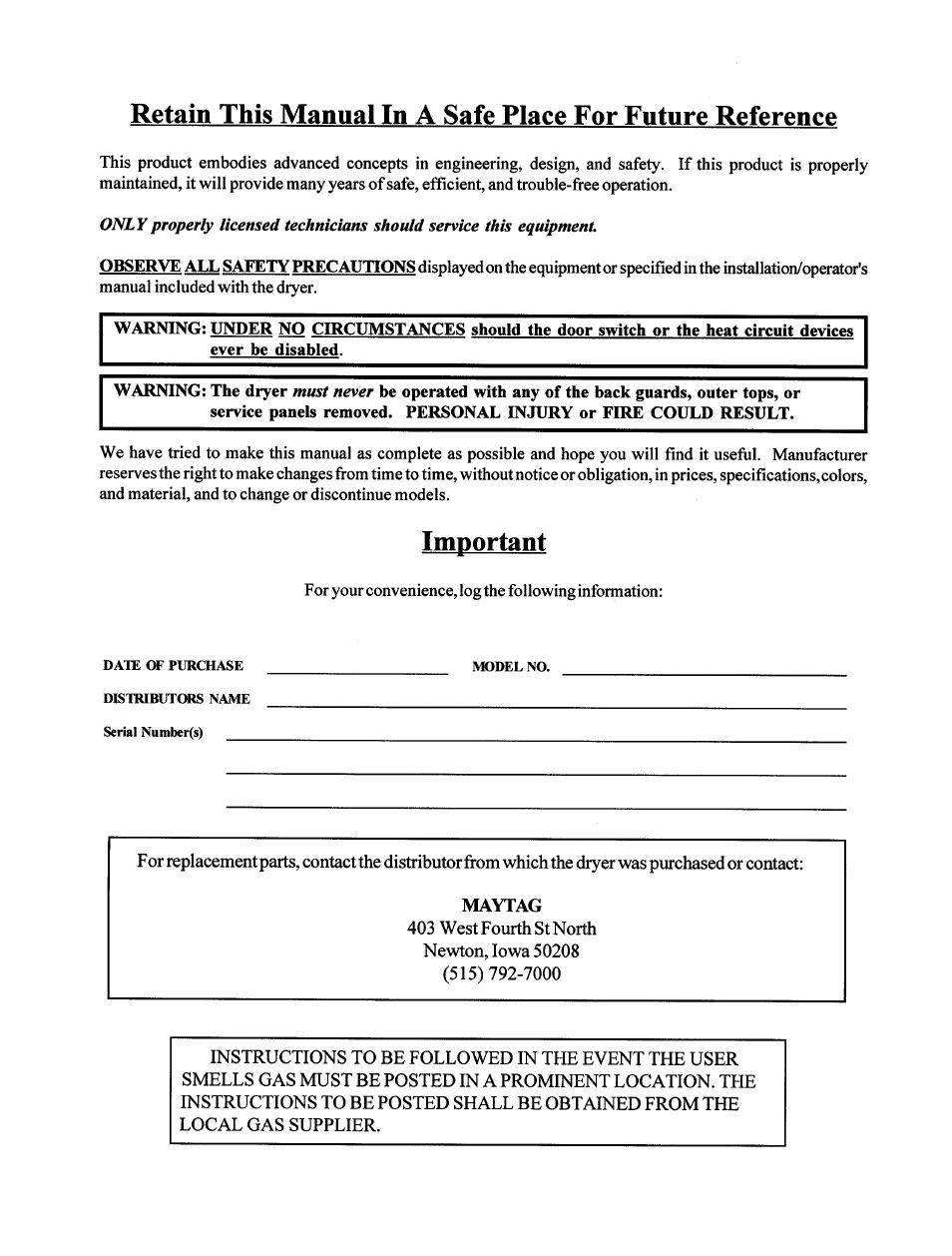 Important | Maytag MC2 User Manual | Page 2 / 33