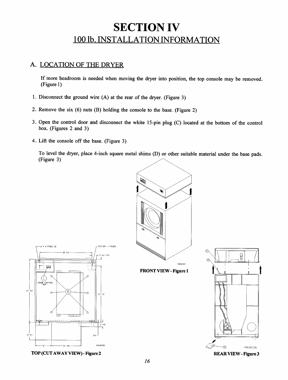 Section iv, 100 lb. install ation information, A. location of the dryer | 100 lb. installation information | Maytag MC2 User Manual | Page 20 / 33