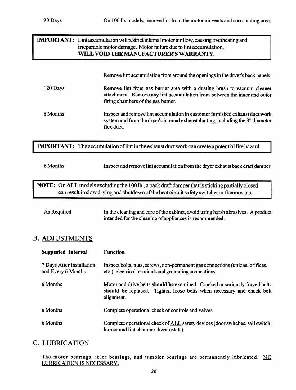 B. adjustments, C. lubrication, B. adjustments c. lubrication | Maytag MC2 User Manual | Page 30 / 33