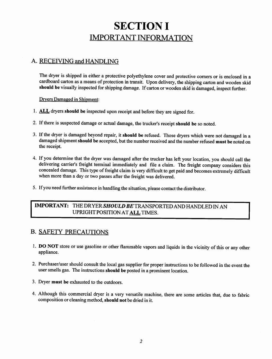 Section i, A. receiving and handling, B. safety precautions | A. receivingandhandling b. safety precautions, Important information | Maytag MC2 User Manual | Page 6 / 33