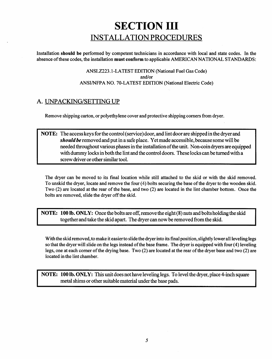 Section iii, Installation procedures, A. unpacking/setting up | Installation procedures a. unpacking/settingup | Maytag MC2 User Manual | Page 9 / 33