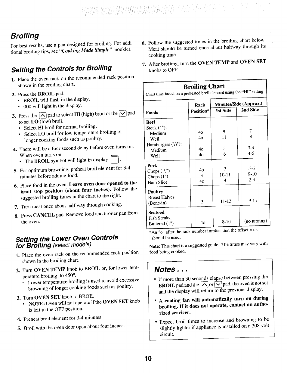 Broiling, Setting the controls for broiling, Notes | Setting the lower oven controls for broiling, Broiling chart | Maytag IEW621 User Manual | Page 11 / 20