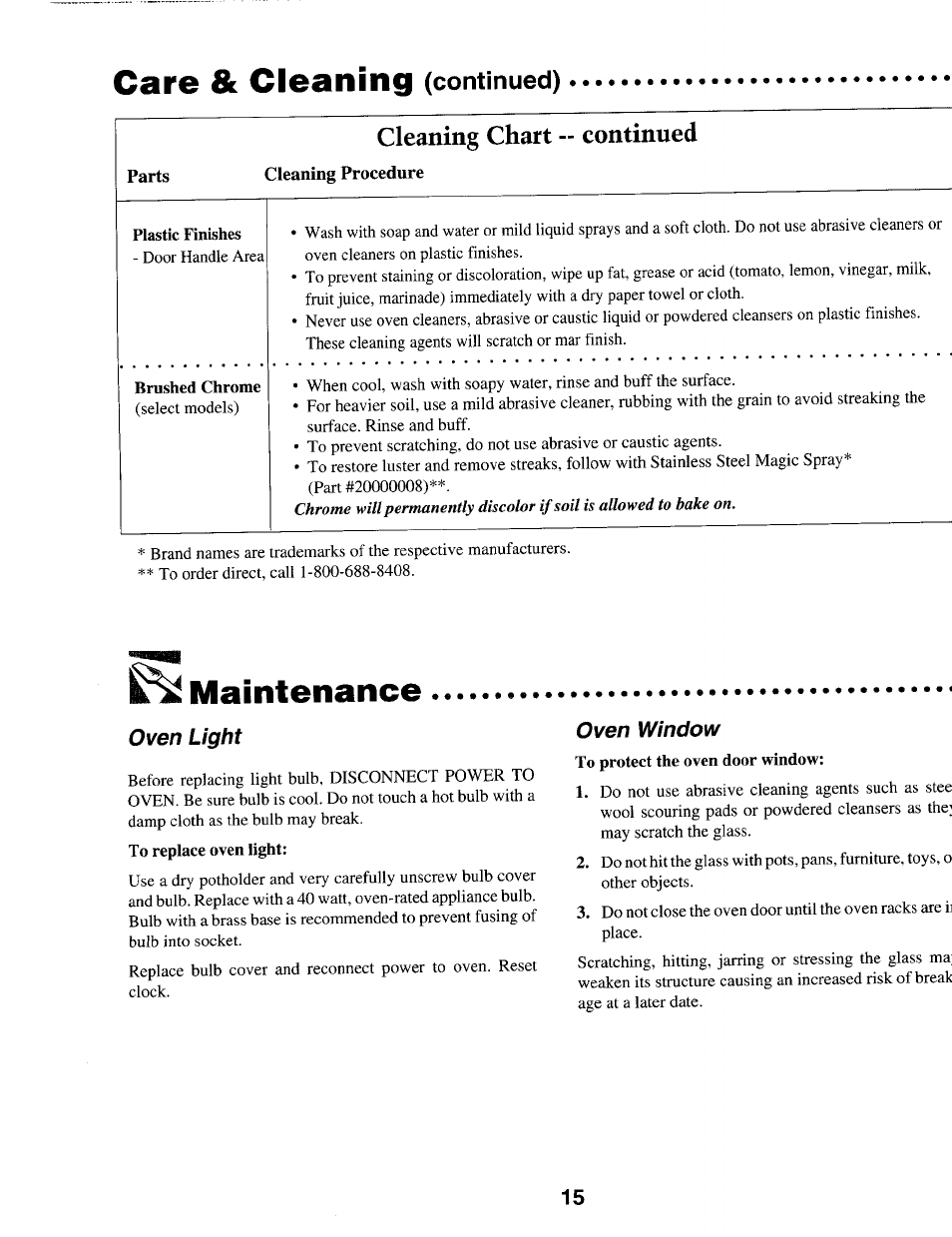 Maintenance, Oven light, Care & cleaning | Continued), Cleaning chart -- continued, Oven window | Maytag IEW621 User Manual | Page 16 / 20