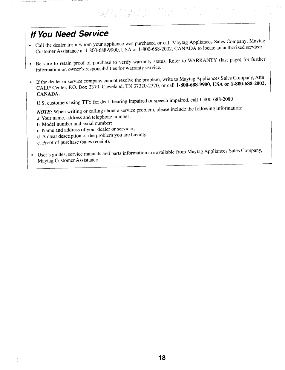 If you need service | Maytag IEW621 User Manual | Page 19 / 20