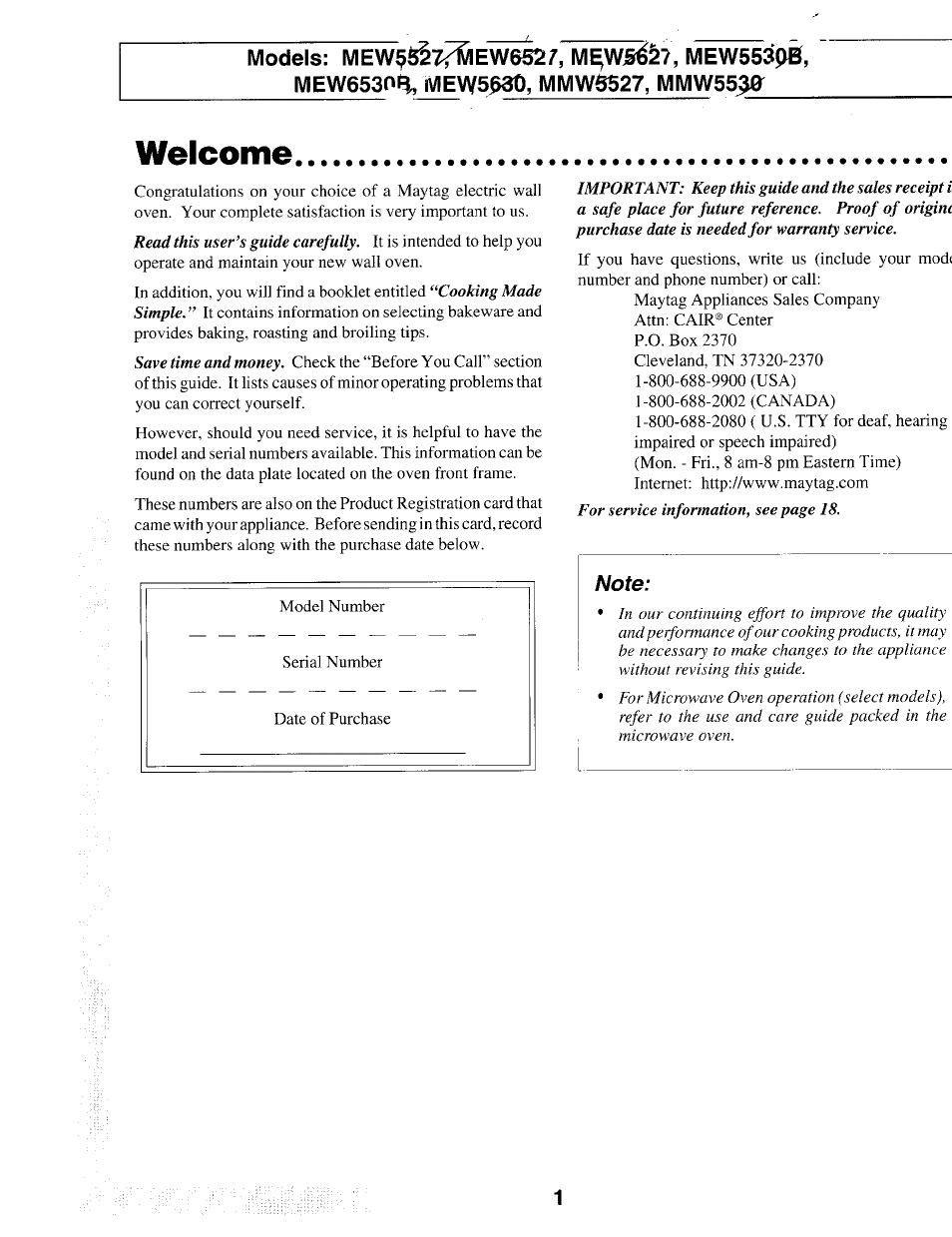 Welcome, Note | Maytag IEW621 User Manual | Page 2 / 20