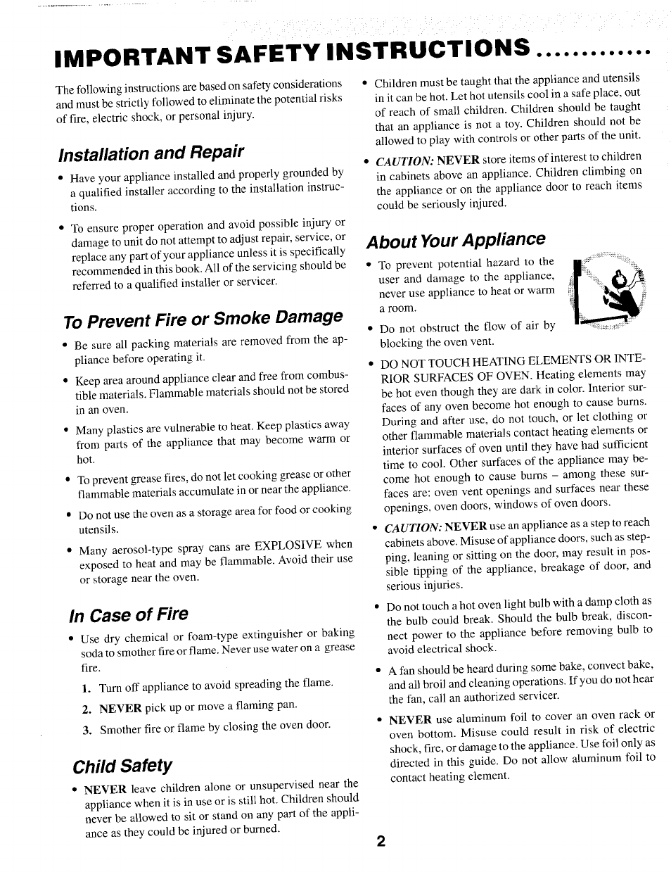 Installation and repair, To prevent fire or smoke damage, In case of fire | About your appliance, Important safety instructions, Child safety | Maytag IEW621 User Manual | Page 3 / 20