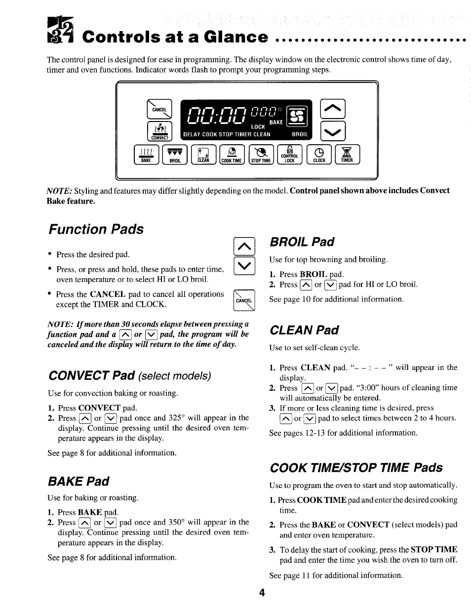 Controls at a glance, Bake pad, Broil pad | Clean pad, Cook time/stop time pads, Function pads, Convect pad, Rtt-l.f-ll-t ulur uu.uu, Select models) | Maytag IEW621 User Manual | Page 5 / 20