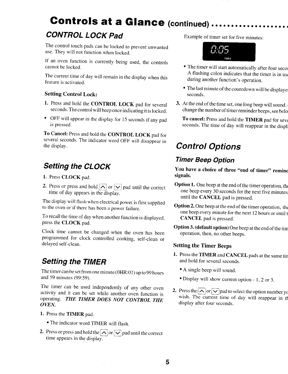 Control lock pad, Setting the clock, Setting the timer | Timer beep option, Control options, 3t 3 gi 31 ico (continued) | Maytag IEW621 User Manual | Page 6 / 20