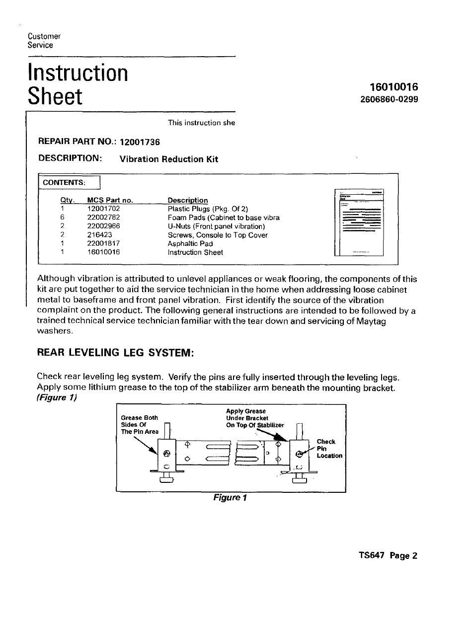 Instruction, Sheet, Rear leveling leg system | Instruction sheet | Maytag 12001736 User Manual | Page 2 / 4