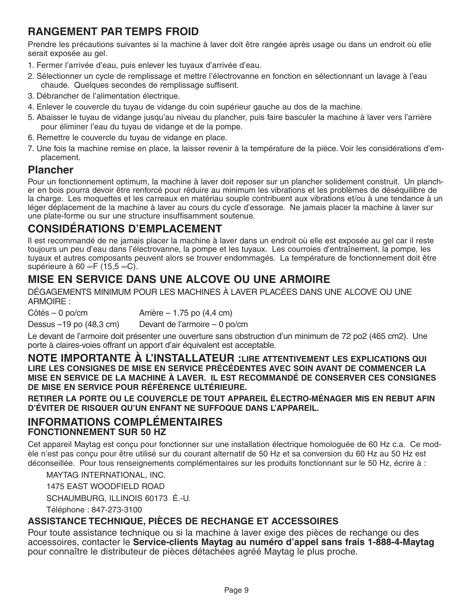 Rangement par temps froid, Plancher, Considérations d’emplacement | Mise en service dans une alcove ou une armoire, Informations complémentaires | Maytag FAV6800 User Manual | Page 10 / 16