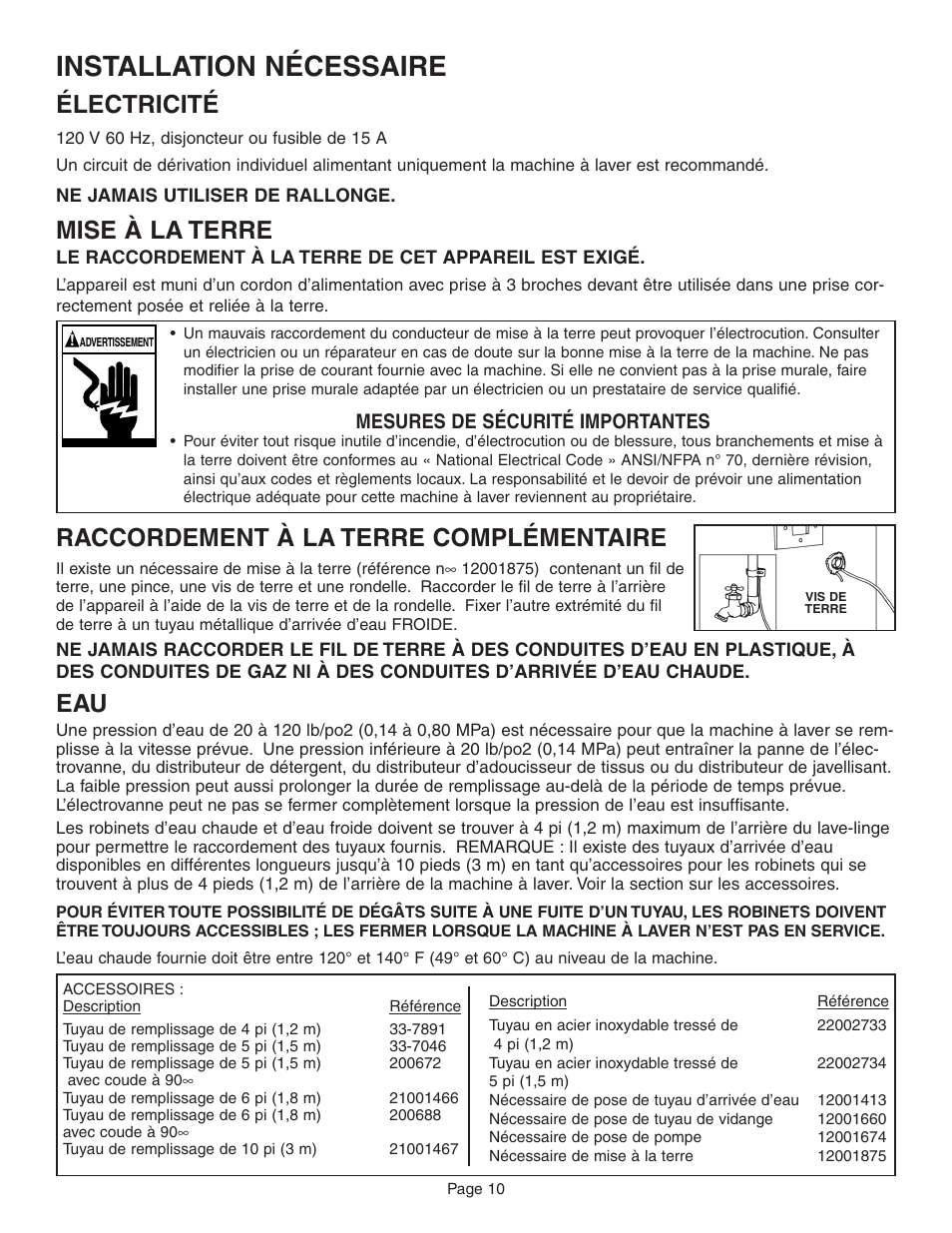 Installation nécessaire, Raccordement à la terre complémentaire, Électricité | Mise à la terre, Mesures de sécurité importantes | Maytag FAV6800 User Manual | Page 11 / 16