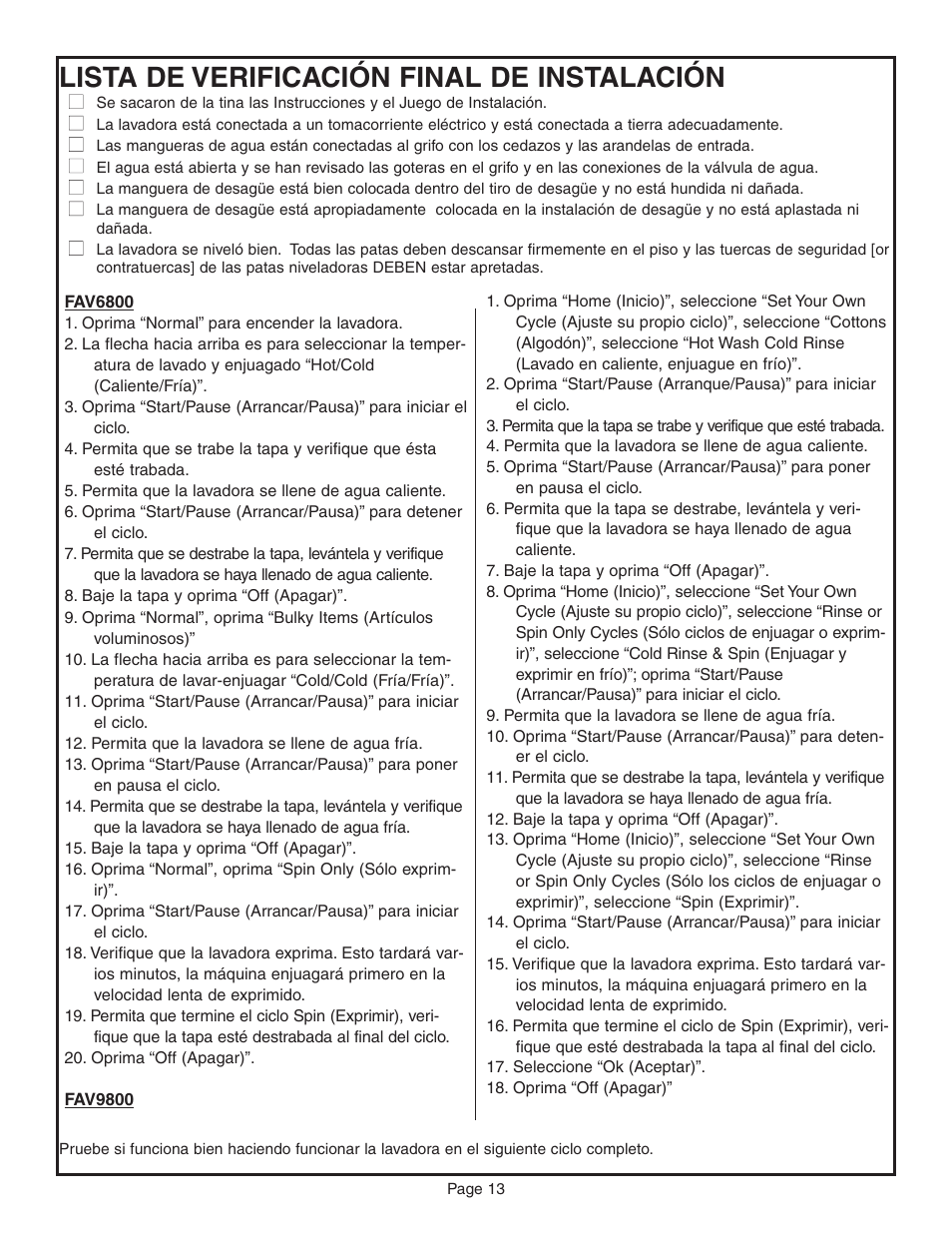 Lista de verificación final de instalación | Maytag FAV6800 User Manual | Page 14 / 16