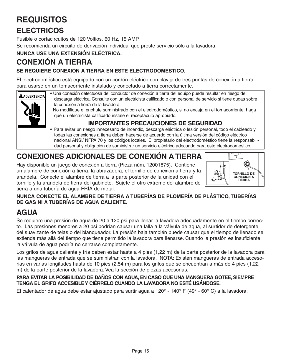 Requisitos, Conexiones adicionales de conexión a tierra, Agua | Electricos, Conexión a tierra | Maytag FAV6800 User Manual | Page 16 / 16