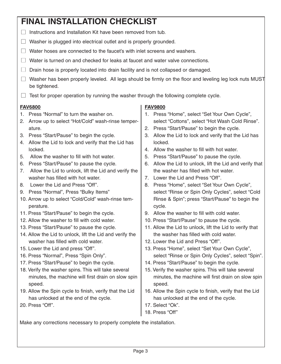 Final installation checklist | Maytag FAV6800 User Manual | Page 4 / 16