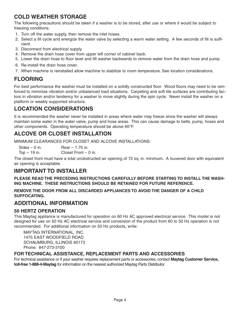 Cold weather storage, Flooring, Location considerations | Alcove or closet installation, Important to installer, Additional information | Maytag FAV6800 User Manual | Page 5 / 16