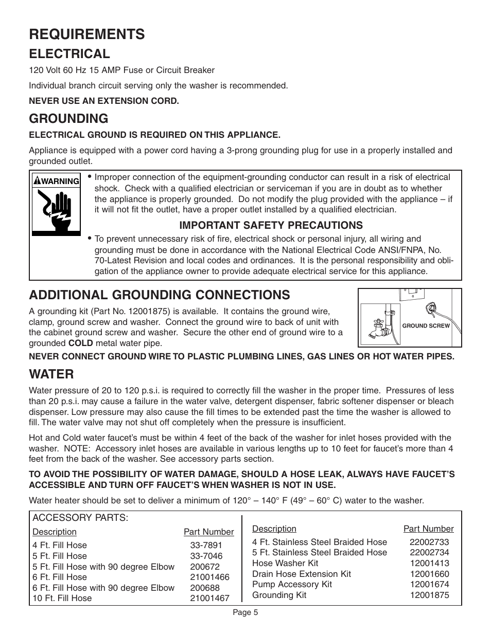 Requirements, Additional grounding connections, Water | Electrical, Grounding | Maytag FAV6800 User Manual | Page 6 / 16