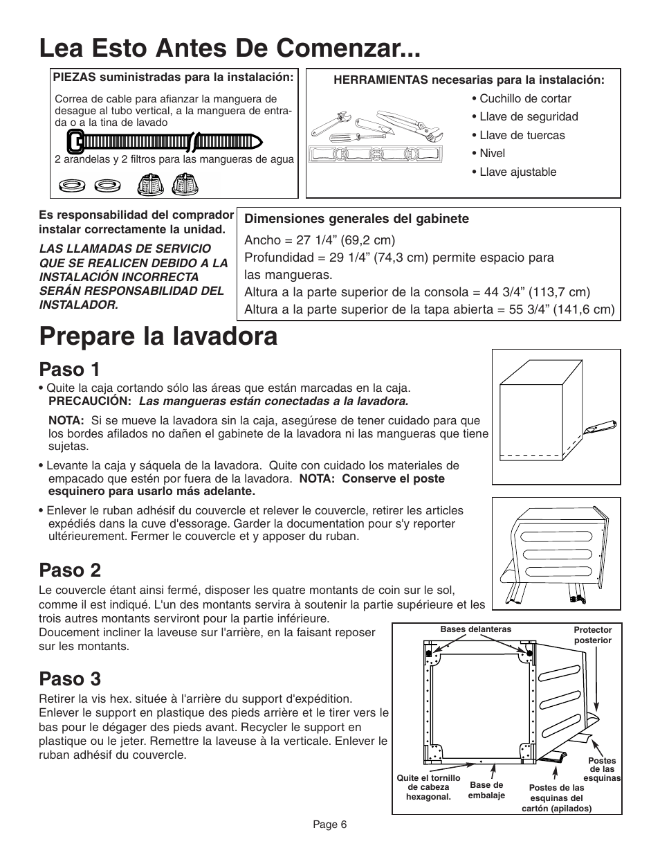 Lea esto antes de comenzar, Prepare la lavadora, Paso 1 | Paso 2, Paso 3 | Maytag FAV6800 User Manual | Page 7 / 16