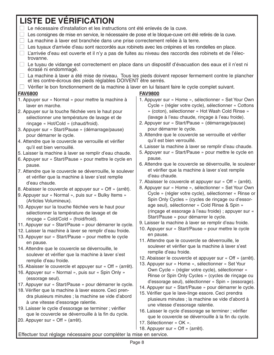 Liste de vérification | Maytag FAV6800 User Manual | Page 9 / 16