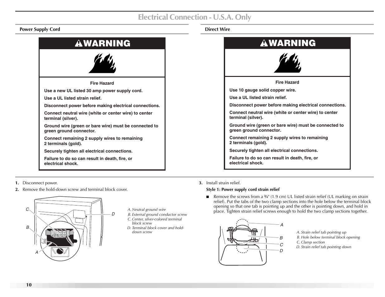 Warning, Electrical connection - u.s.a. only | Maytag EPIC Z W10112937B User Manual | Page 10 / 92