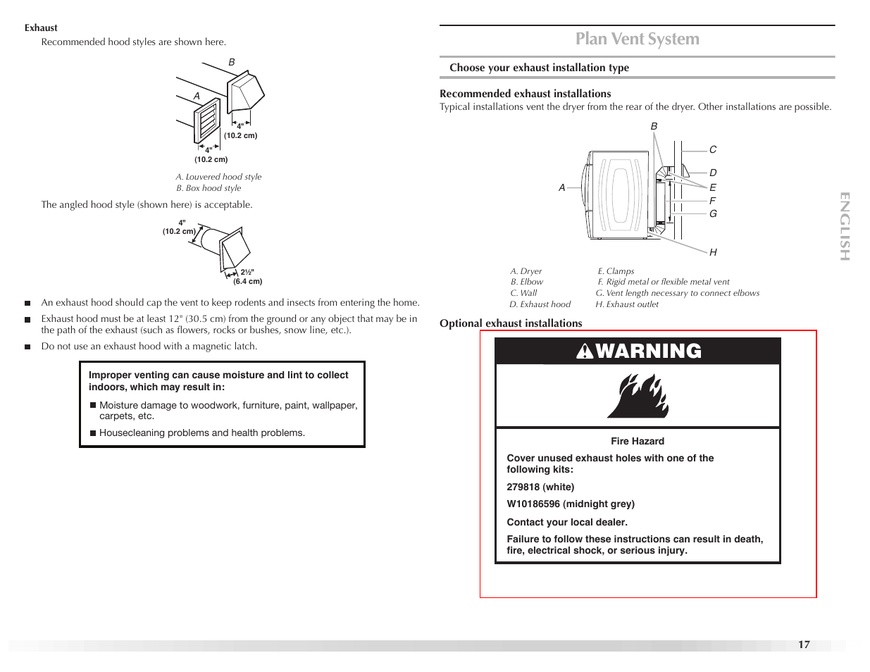 Warning, Plan vent system | Maytag EPIC Z W10112937B User Manual | Page 17 / 92