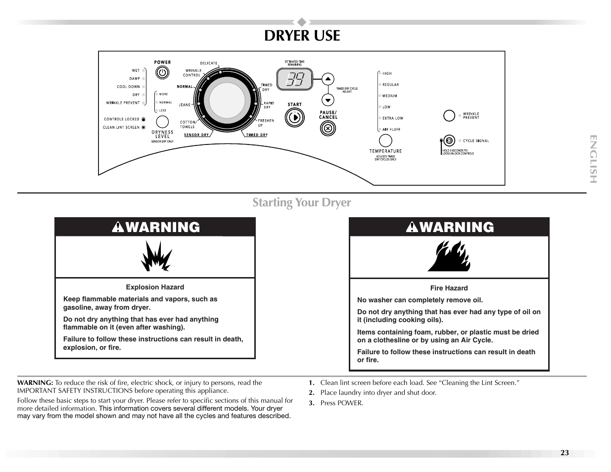 Dryer use, Warning, Starting your dryer | Maytag EPIC Z W10112937B User Manual | Page 23 / 92