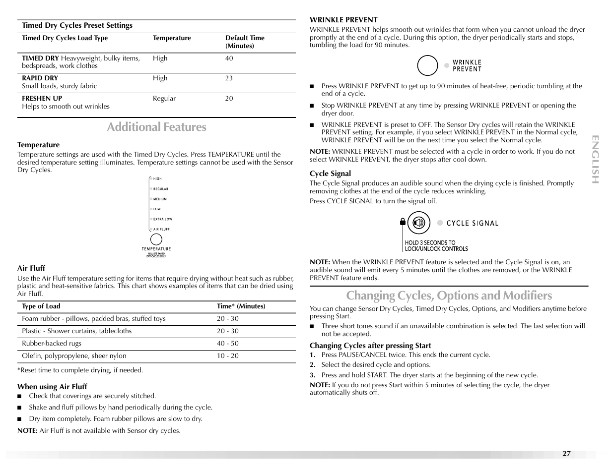 Additional features, Changing cycles, options and modifiers | Maytag EPIC Z W10112937B User Manual | Page 27 / 92