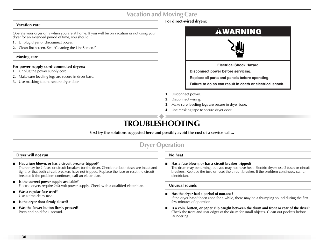 Troubleshooting, Warning, Vacation and moving care | Dryer operation | Maytag EPIC Z W10112937B User Manual | Page 30 / 92