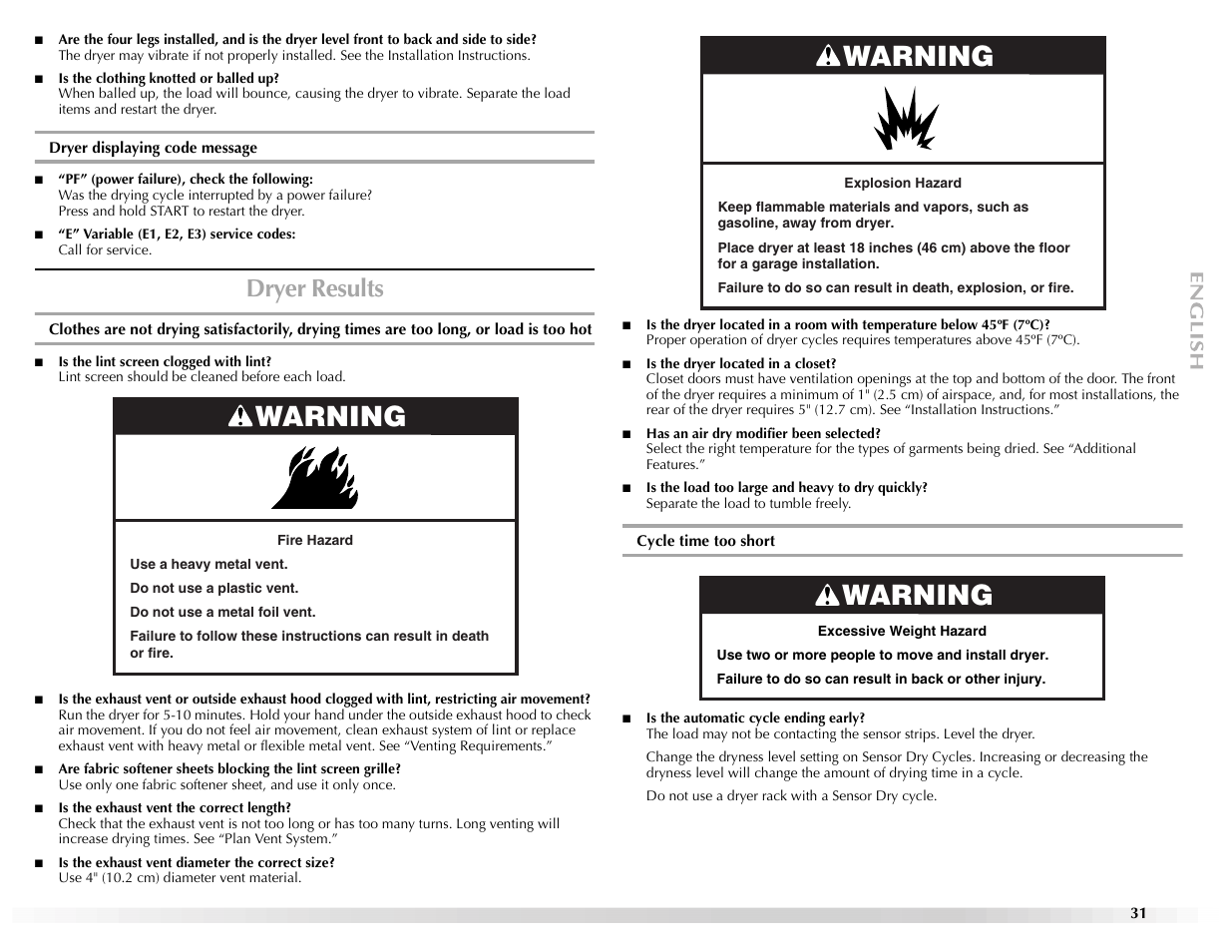 Warning, Dryer results | Maytag EPIC Z W10112937B User Manual | Page 31 / 92