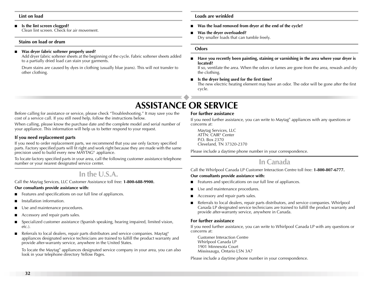 Assistance or service | Maytag EPIC Z W10112937B User Manual | Page 32 / 92