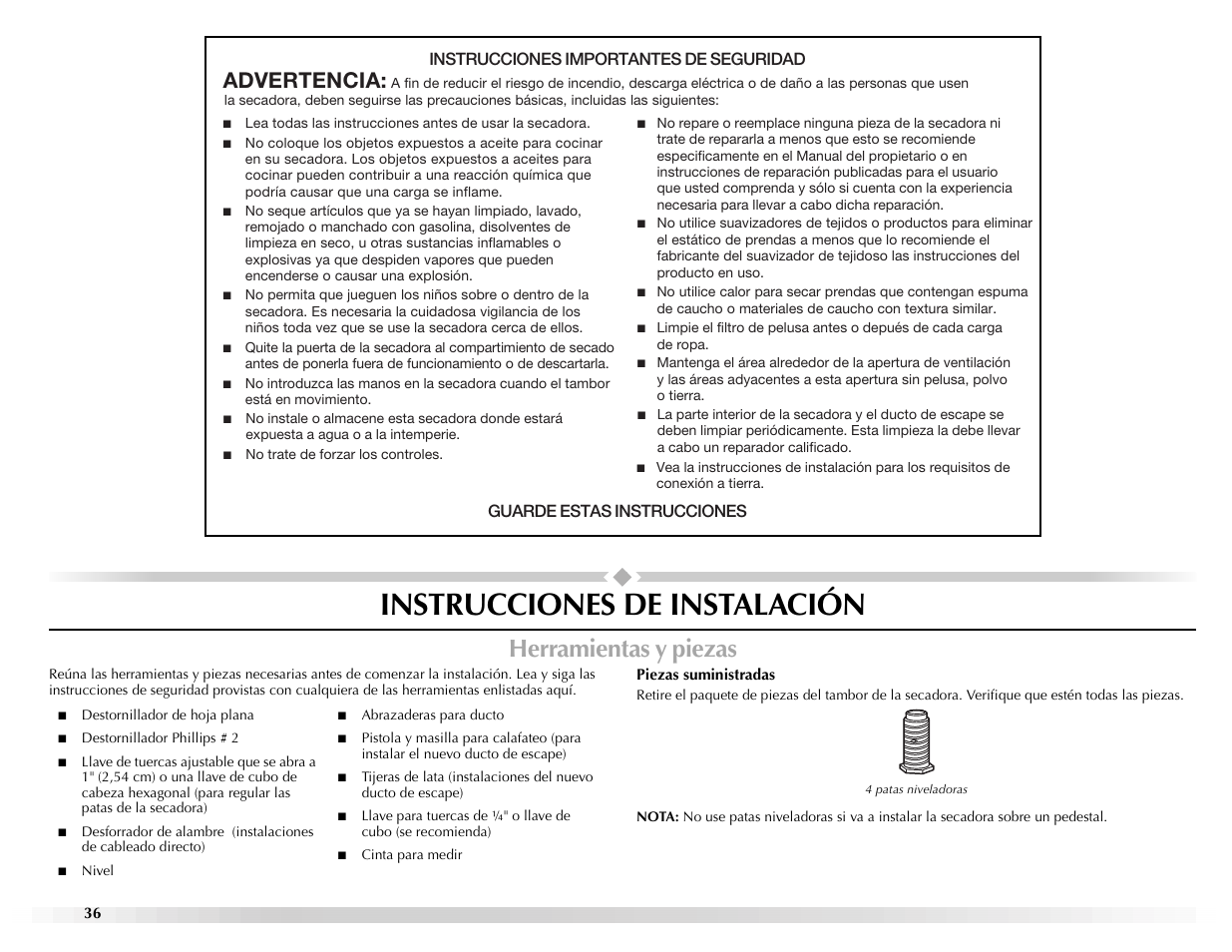 Instrucciones de instalación, Herramientas y piezas, Advertencia | Maytag EPIC Z W10112937B User Manual | Page 36 / 92