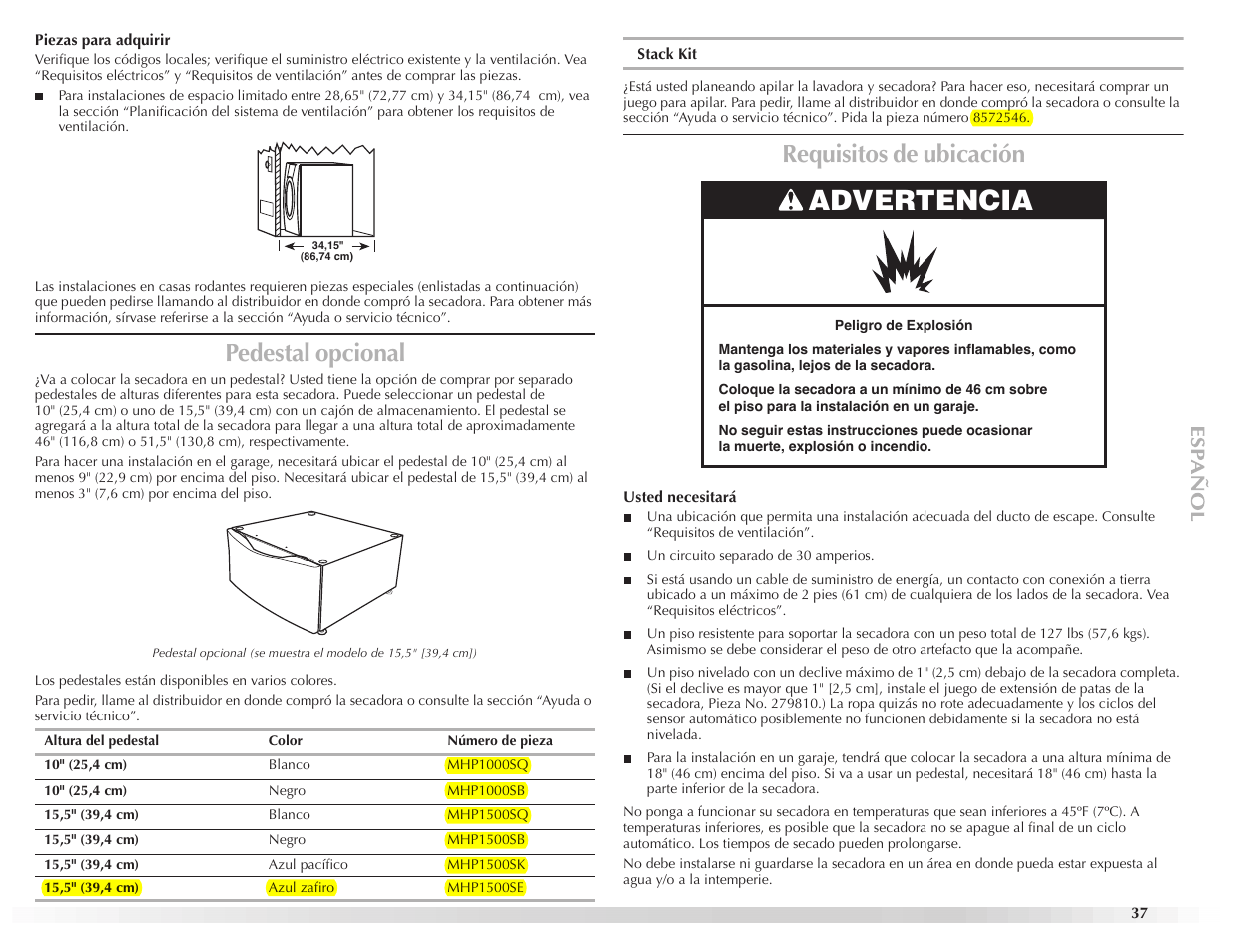 Advertencia, Pedestal opcional, Requisitos de ubicación | Maytag EPIC Z W10112937B User Manual | Page 37 / 92