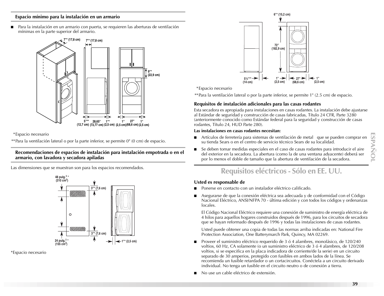 Requisitos eléctricos - sólo en ee. uu | Maytag EPIC Z W10112937B User Manual | Page 39 / 92