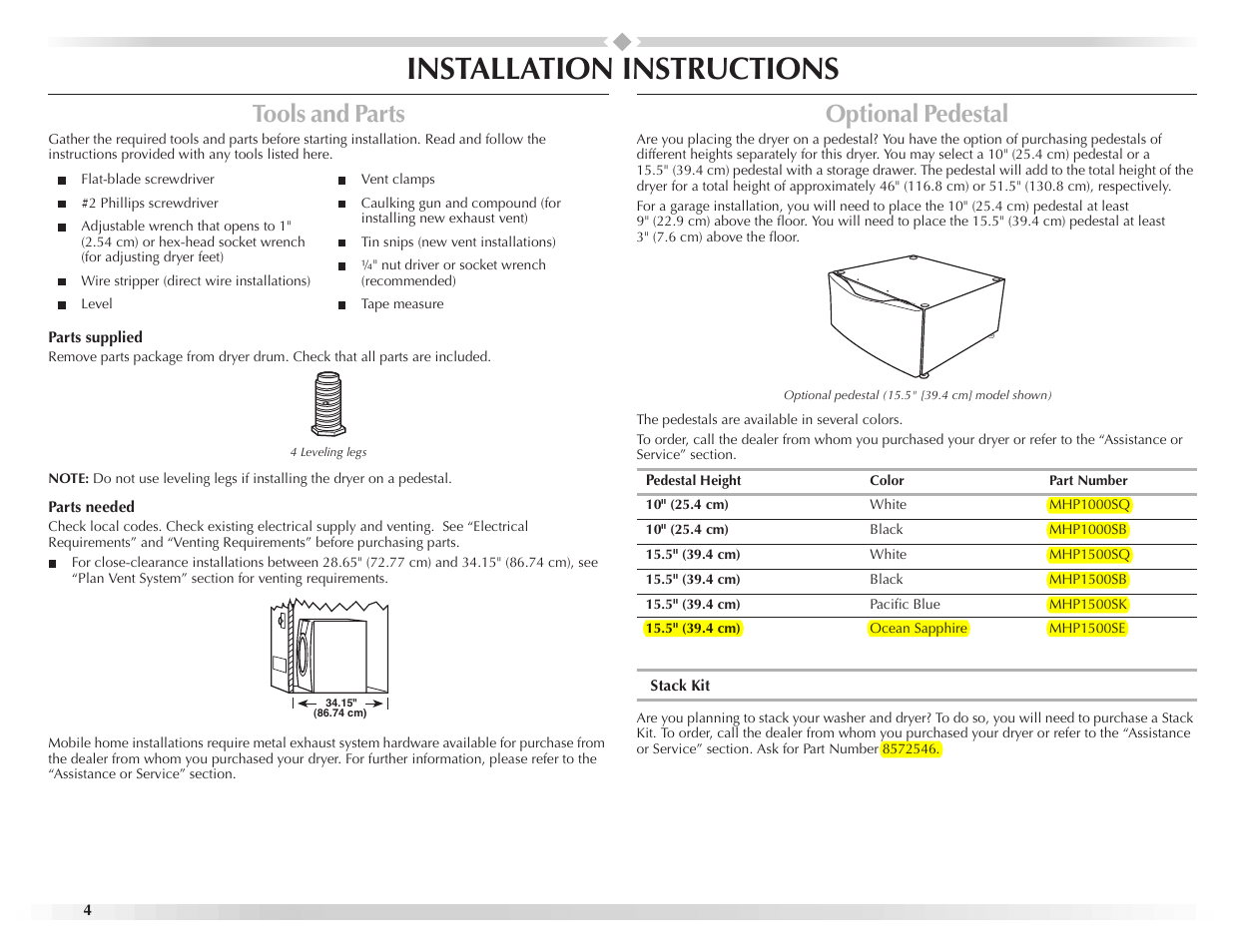 Installation instructions, Tools and parts, Optional pedestal | Maytag EPIC Z W10112937B User Manual | Page 4 / 92