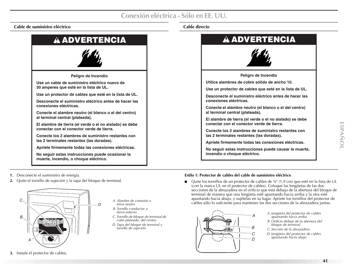 Advertencia, Conexión eléctrica - sólo en ee. uu | Maytag EPIC Z W10112937B User Manual | Page 41 / 92