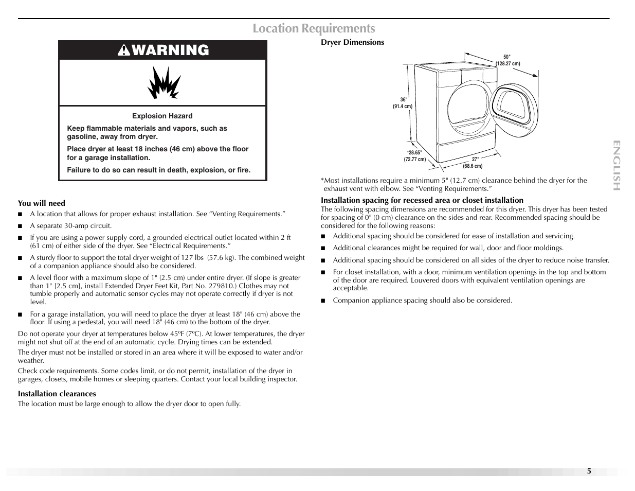 Warning, Location requirements | Maytag EPIC Z W10112937B User Manual | Page 5 / 92