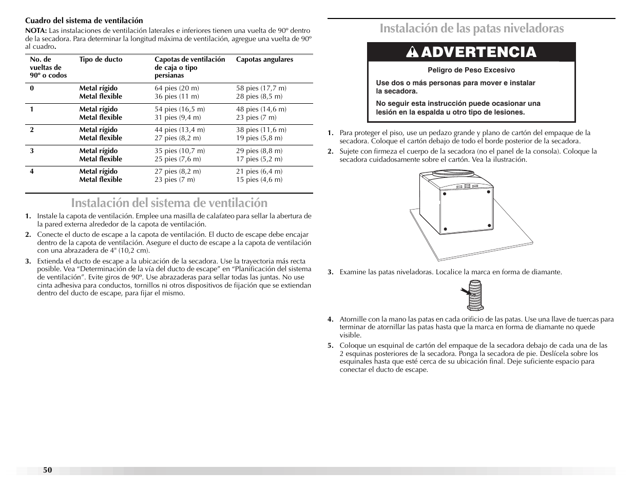 Advertencia, Instalación del sistema de ventilación, Instalación de las patas niveladoras | Maytag EPIC Z W10112937B User Manual | Page 50 / 92