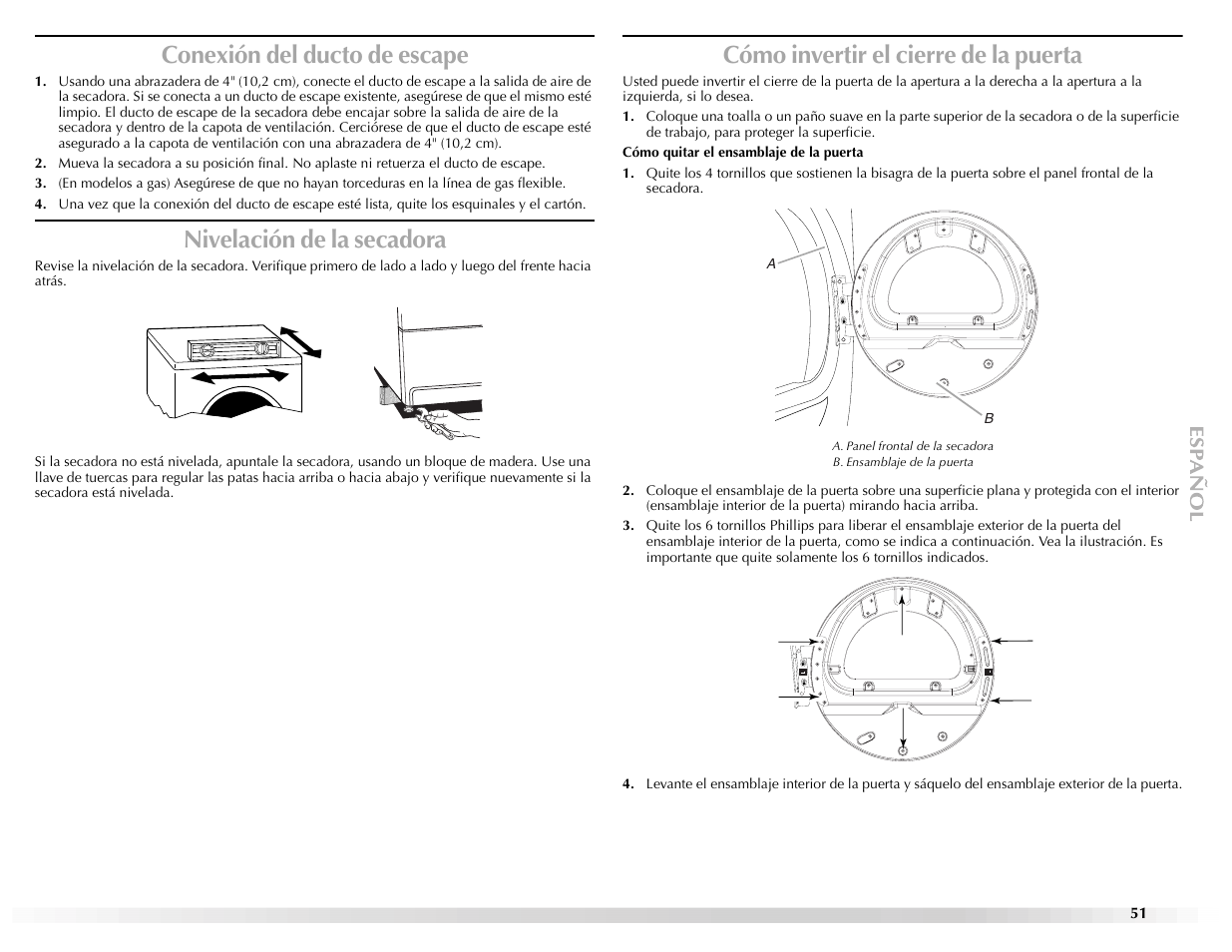 Conexión del ducto de escape, Nivelación de la secadora, Cómo invertir el cierre de la puerta | Maytag EPIC Z W10112937B User Manual | Page 51 / 92