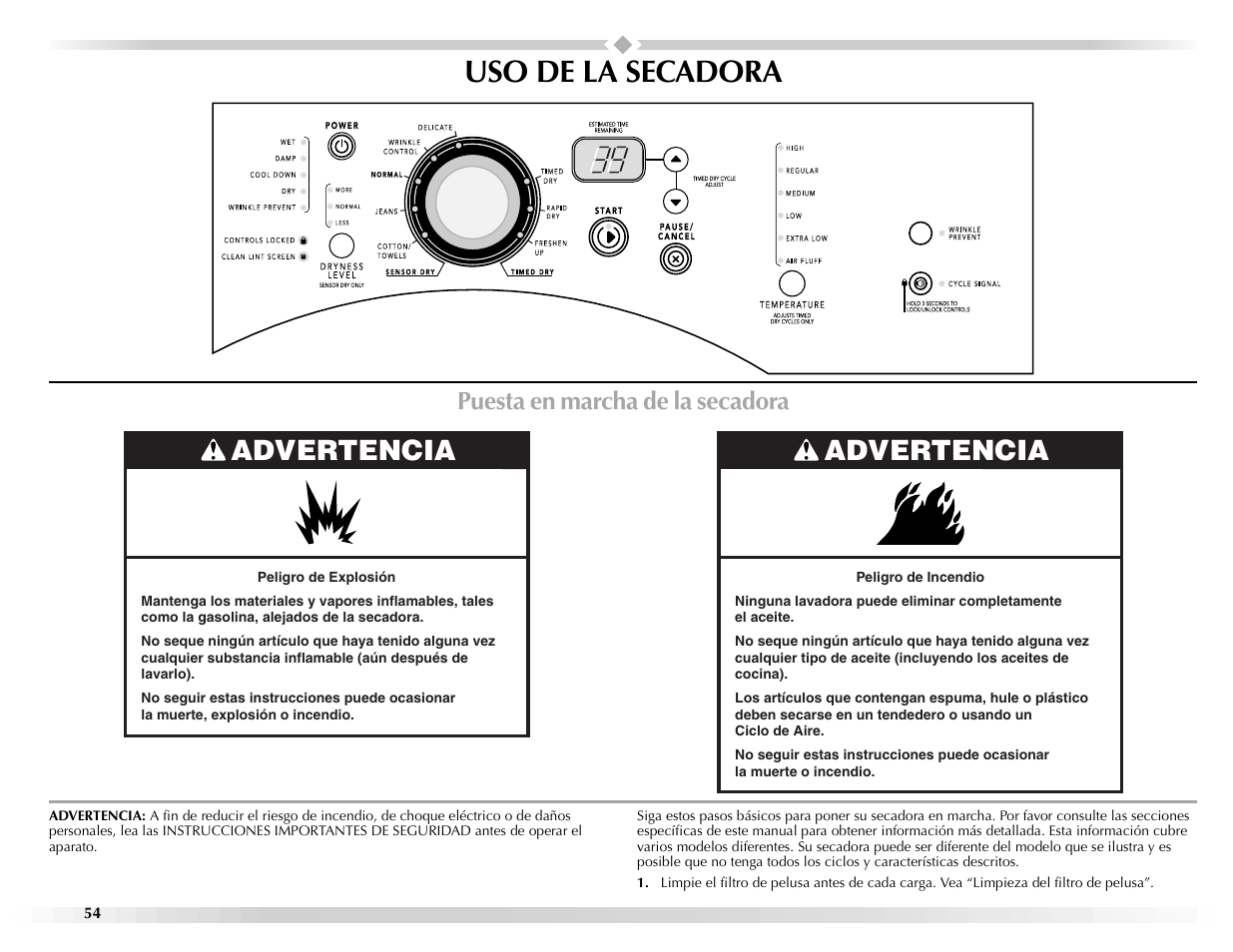 Uso de la secadora, Advertencia, Puesta en marcha de la secadora | Maytag EPIC Z W10112937B User Manual | Page 54 / 92