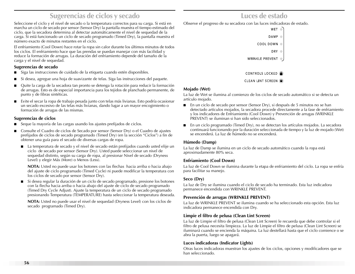 Sugerencias de ciclos y secado, Luces de estado | Maytag EPIC Z W10112937B User Manual | Page 56 / 92