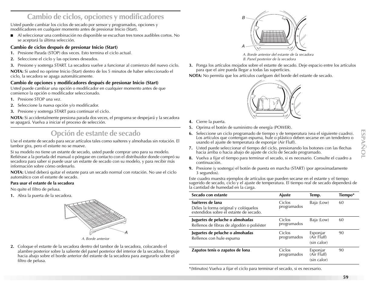 Cambio de ciclos, opciones y modificadores, Opción de estante de secado | Maytag EPIC Z W10112937B User Manual | Page 59 / 92